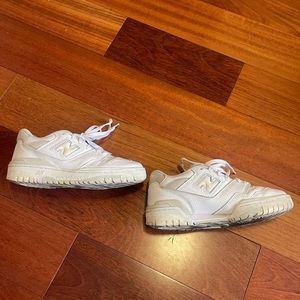 Beige and white new balance 550s